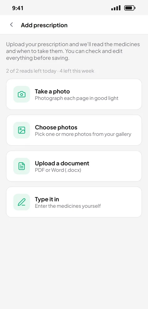 Sehatora's Add prescription screen: take a photo, choose photos, upload a document or type it in.
