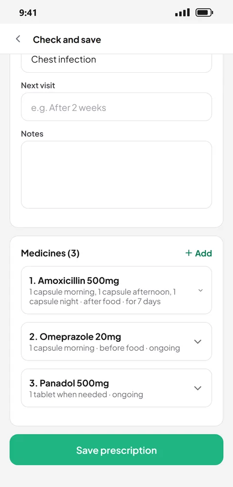 Check and save: three medicines read from a prescription, ready to save.