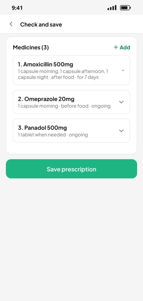 Check and save screen listing three medicines read from the prescription.