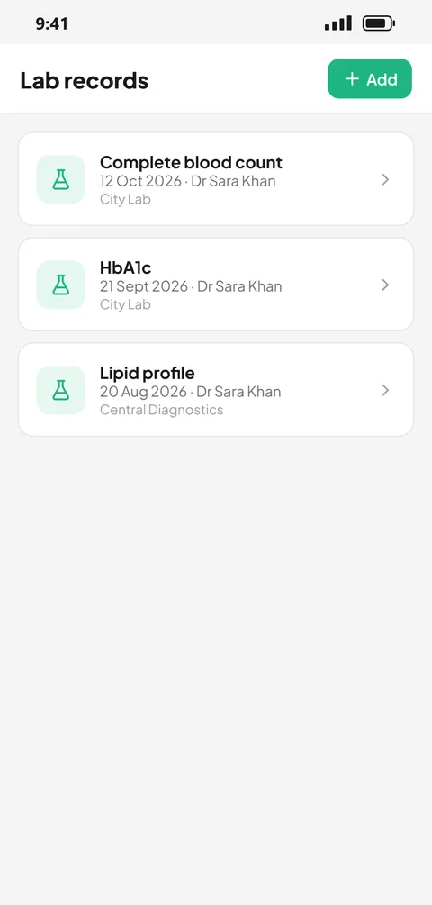 Lab records: reports with test date and ordering doctor.