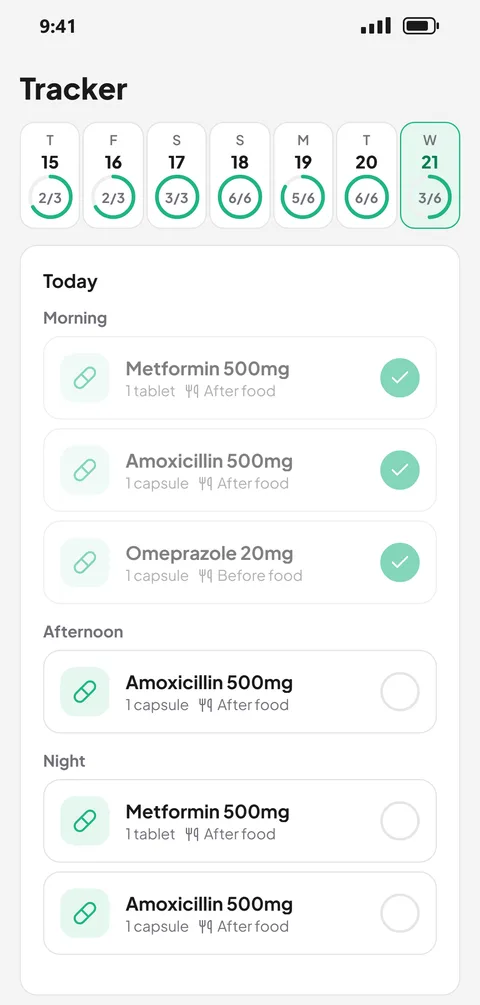 Sehatora's Tracker: a week of daily progress rings and today's doses.